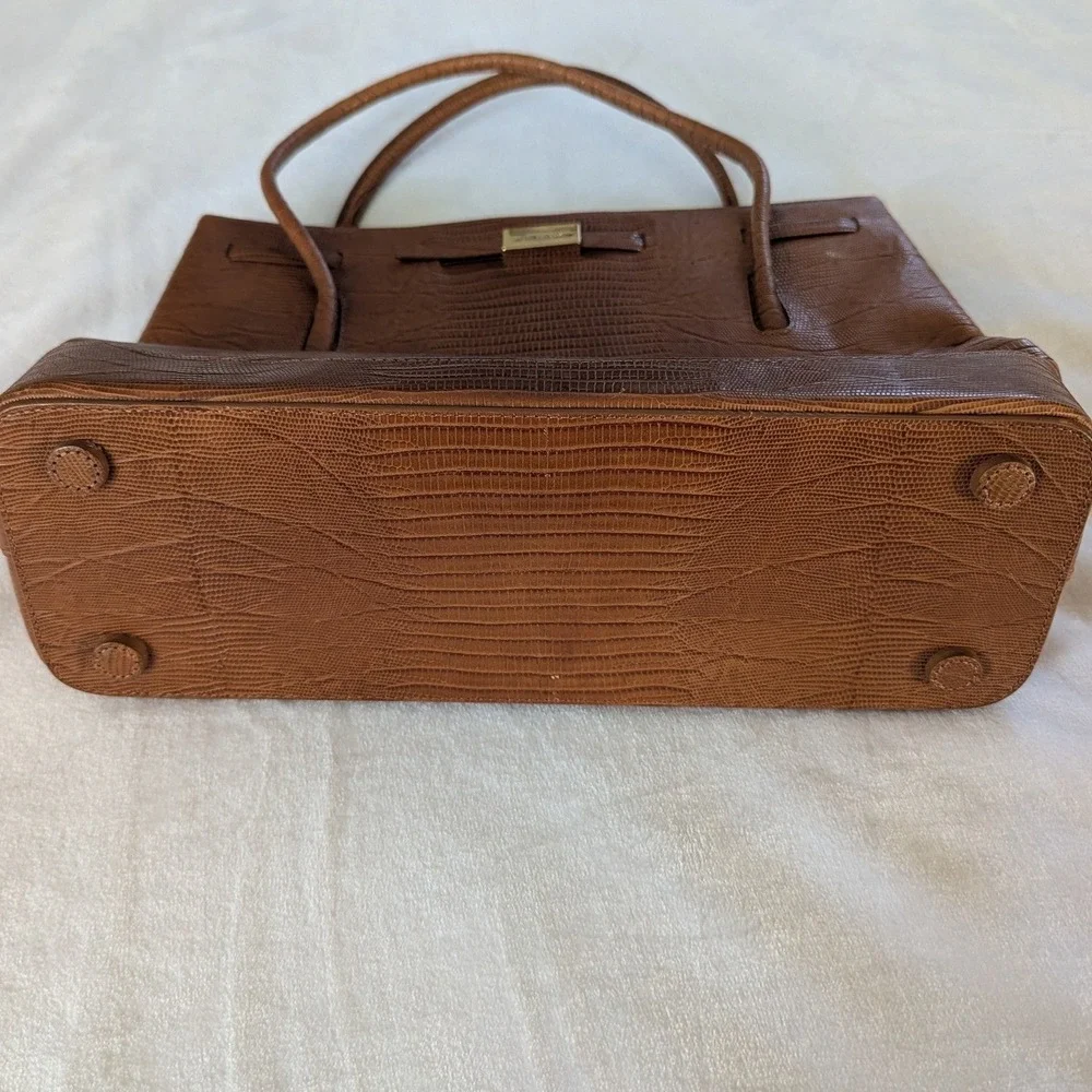 Vtg Ann Taylor Brown Cognac‎ Embossed Leather Satchel Bag Structured Work Tote